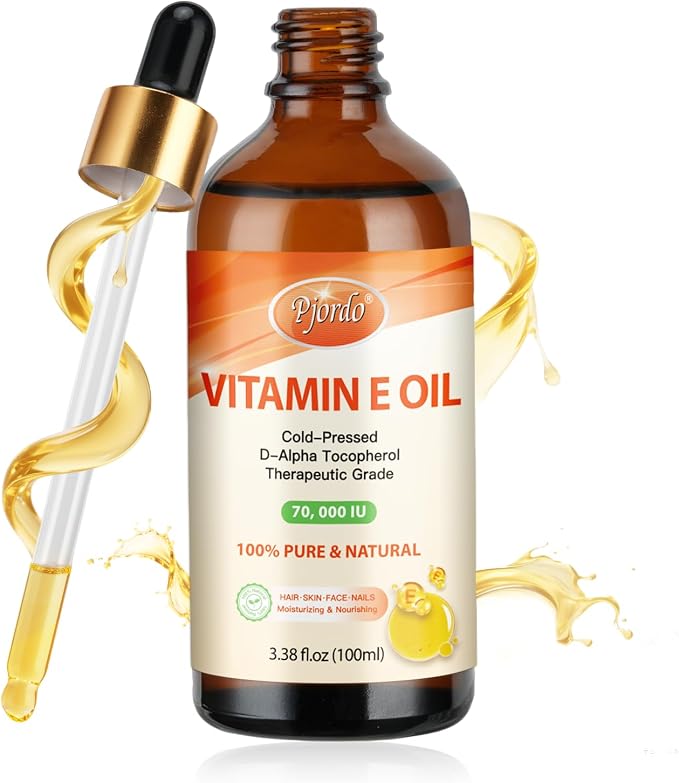 Pjordo Vitamin E Oil - 100% Pure & Natural, 70,000 IU Cold-Pressed Organic Vitamin E Oil for Skin, Face, Hair, Nails & Scars, D-Alpha Tocopherol Rich, Deep Moisturizing and Firming Skin