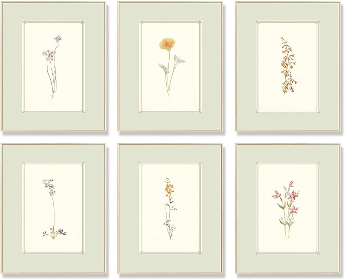 KBKBART Mint Green Floral Wall Art Set of 6 Unframed, Minimalist Abstract Flower Prints Watercolor Botanical Wildflower Wall Decor Canvas Painting, Boho Wall Decor for Bathroom, Living Room