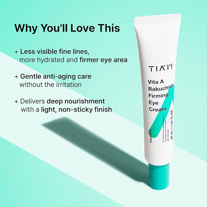 TIAM Vita A Bakuchiol Firming Eye Cream, 1.01 fl oz, Retinol Alternative Anti-Aging Cream for Wrinkles, Dark Circles, and Puffiness, Fragrance-Free Under-Eye Cream, Korean Skin Care