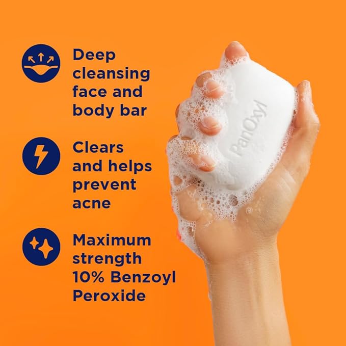 PanOxyl Acne Treatment Bar with 10% Benzoyl Peroxide, Maximum Strength Bar Soap for Face, Chest and Back, Benzoyl Peroxide Soap Body Wash, Vegan, For Acne Prone Skin, 4 oz