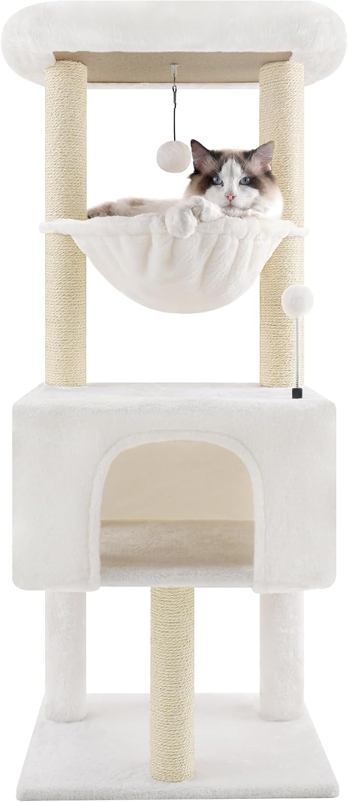 Fashion Design 43.3" Cat Trees with Cat Houses Spring Balls,Beige