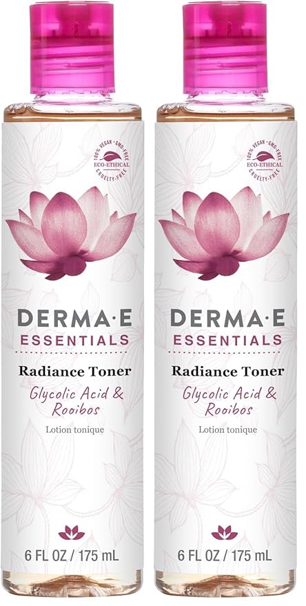 DERMA E Radiance Toner – Facial Toner with Glycolic Acid and Rooibos – Brightening and Exfoliating Toning Solution Refreshes and Purifies Skin, 6 oz (Pack of 2)