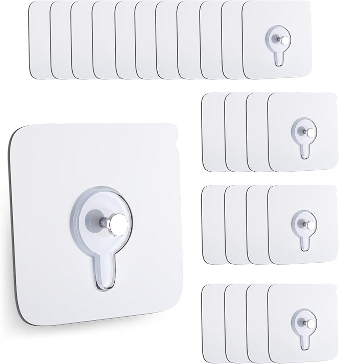 24 Pack Adhesive Wall Hooks, Wall Hangers Without Nails, No Damage Picture Hooks Waterproof and Rustproof to use Inside Kitchen, Bathroom, Home and Office（8mm）
