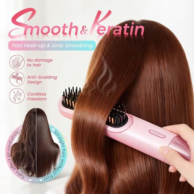 2026 Hair Straightener Brush, Cordless Hair Straightener Brush for Short Hair, Mini Portable Travel Straightening Hair Comb Brush with 4 Temps Fast Heating for Women, All Hair Types (Pink)