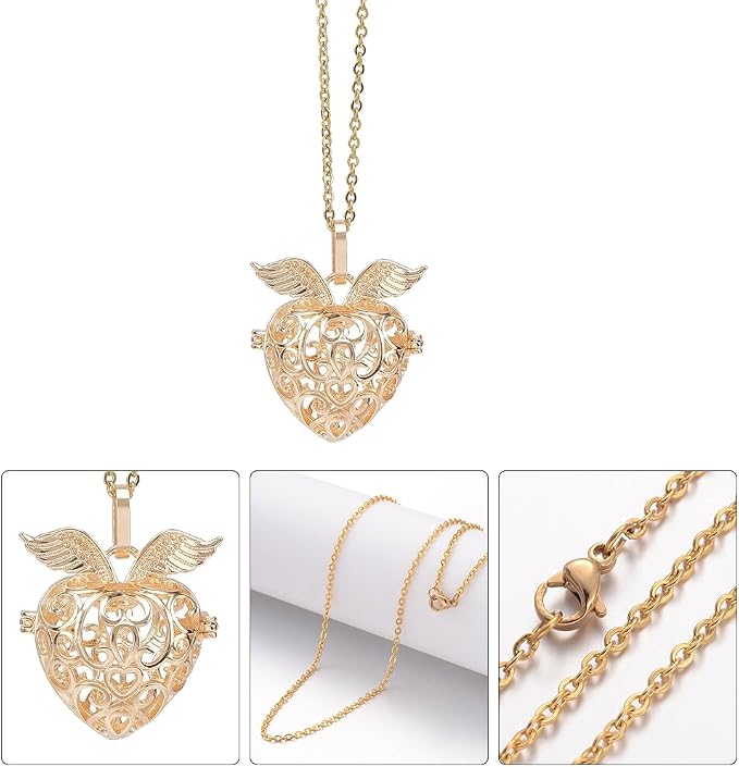 SUNNYCLUE 1 Box 5Pcs Aromatherapy Necklaces Diffuser Necklace with 20Pcs Pom Pom Ball Tree of Life Angel Essential Oil Diffuser Jewelry 304 Stainless Steel Hollow Bead Cage Pendants for Women Gifts