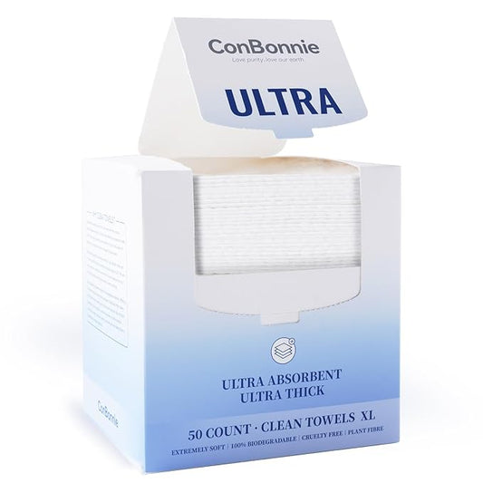 Clean Face Towels XL, Ultra Ed., 10"×12" Biobased Facial Towels, Disposable Face Towelette, Makeup Remover Dry Wipes, Thicker Textured for Skin Care, Clean Skin, 50 Count (1 Pack)