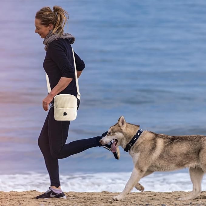 Velvet Dog Training Pouch | Large Capacity Pet Treat & Toy Bag with Built-in Poop Bag Dispenser (Beige-white)