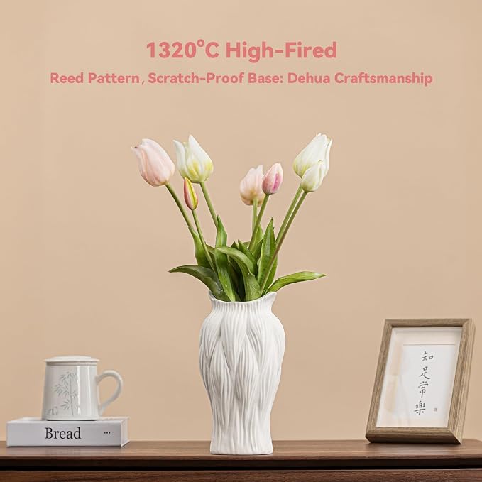 White Ceramic Vase with Reed-Inspired Texture - 9" Unique Flower Vase for Pampas Grass & Centerpieces, Decorative Boho/Farmhouse Vase for Living Room,Office Desk & Housewarming Gift (for Her/Yourself)