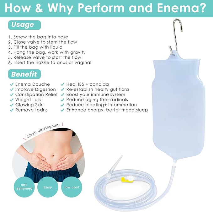 2L Enema Bucket Kit Colon Cleansing Silicone Enema Bag for Women Men 6Pcs Enema Nozzle Tips Colon Tube Hose Replacement, Clear Enema Kit Coffee Sealable Hot Water Bottle Shower Adult Kids Constipation