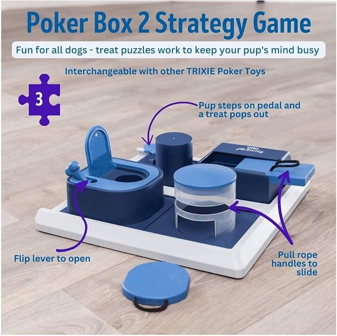 TRIXIE Poker Box 2 Dog Activity Interactive Toy, Level 3 Food Puzzle Game, Brain Teasing Treat Dispenser, IQ and Mental Development Toy for Smart Dogs, Enrichment Toy for Boredom Busting