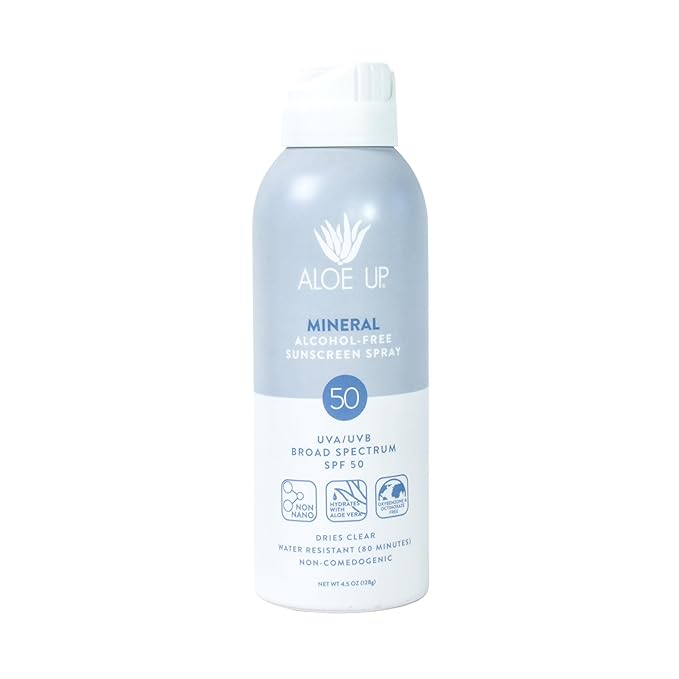 Aloe Up Continuous Mineral Sunscreen Spray SPF 50- Alcohol-Free Broad Spectrum UVA/UVB Sunscreen Protector for Face and Body - With Gen2 Zinc Oxide and Aloe Vera - Dries Clear - Reef Safe - 4.5 Oz