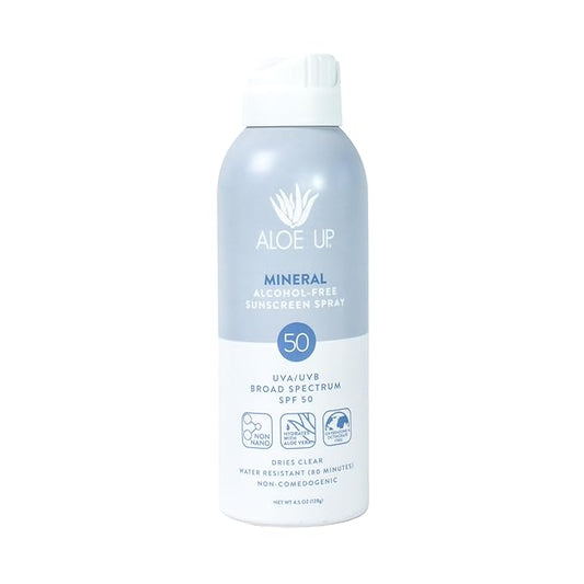 Aloe Up Continuous Mineral Sunscreen Spray SPF 50- Alcohol-Free Broad Spectrum UVA/UVB Sunscreen Protector for Face and Body - With Gen2 Zinc Oxide and Aloe Vera - Dries Clear - Reef Safe - 4.5 Oz
