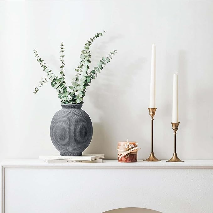 Ceramic Decorative Flower Vase - Rustic Farmhouse Boho Ceramic Vase for Home Decor, Table Centerpiece, Living Room, Bathroom, Book Shelf, Mantel Decoration, Wedding Decor (6.8" Black)