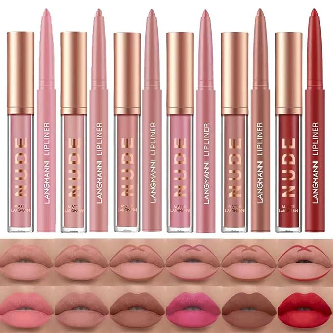 Jolilab 12Pcs Matte Lip Liner + Liquid Lipstick Set, One Step Velvety Nude Lip Stain Waterproof Long Wear High Pigment Lip Makeup Gift Set(Set B