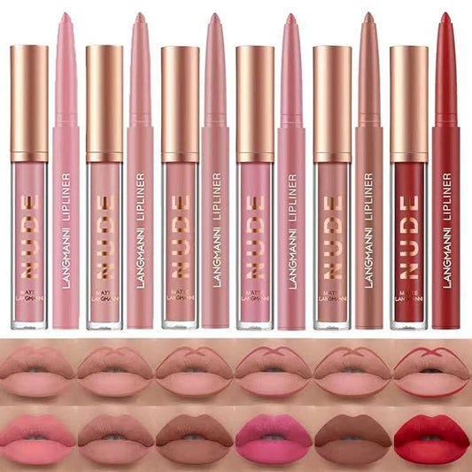Jolilab 12Pcs Matte Lip Liner + Liquid Lipstick Set, One Step Velvety Nude Lip Stain Waterproof Long Wear High Pigment Lip Makeup Gift Set(Set B