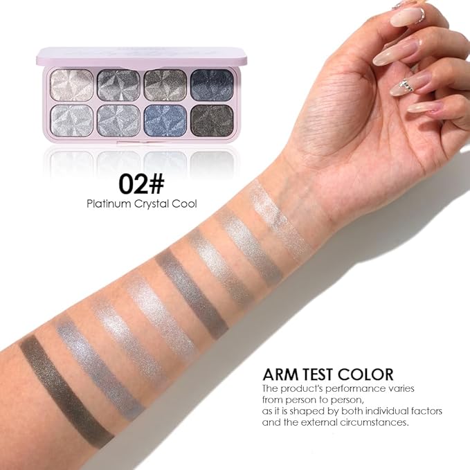 8-Color Eyeshadow Palette, Platinum Crystal Cool, Silver Gray Metallic Shimmer Shades, Long-Lasting Waterproof Formula, Smooth Blendable Eye Makeup for Elegant & Cool Tone Looks