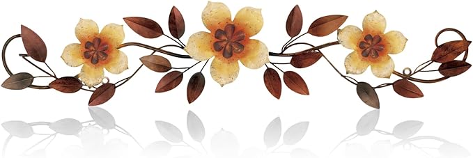 Wesiti Metal Flower Wall Decor Vintage Metal Flower Wrought Iron Scroll Sculpture 15.7''x3.7'' Not 3D, Flat Farmhouse Leaf Wall Decor with Nails for Summer Bedroom Kitchen Indoor Outdoor(Yellow)