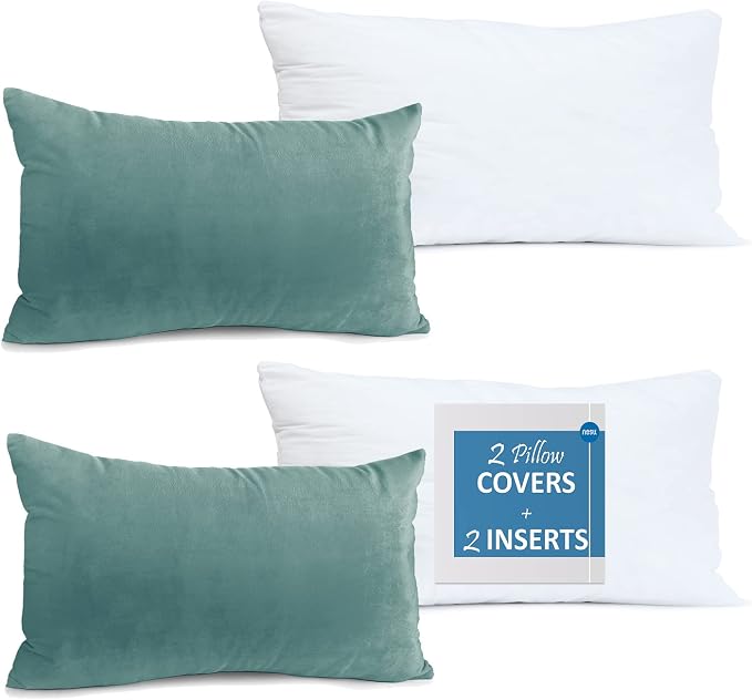 Nestl Throw Pillow Inserts Pack of 2 with Velvet Soft Solid Decorative Square Throw Pillow Covers Set for Sofa Couch Car Bedroom with 12X20 Throw Pillows Inserts with Cushion Covers, Teal