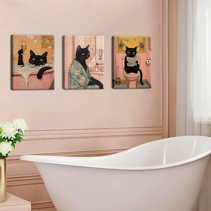 Funny Japanese Black Cat Bathroom Wall Art, Cute Japan Cat in Bathtub Wall Decor Paintings Funky Animal on Toilet Reading Newspaper Poster Canvas Prints Artwork 12x16 inch Framed