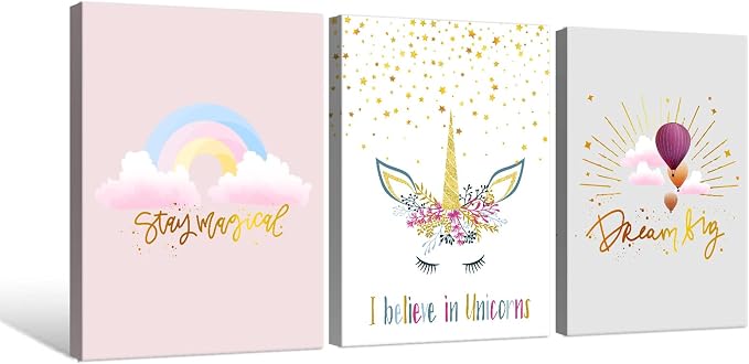 Colorful Unicorn Wall Art for Girls Bedroom Pink Unicorn Poster Pictures 3 pcs Motivational Rainbow Hot Air Balloon Cartoon Unicorns Paintings for Teen Girl Women Nursery Bathroom Decor 16"x24"