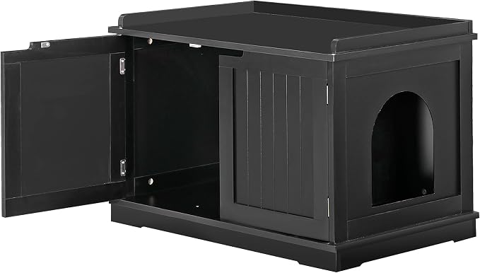 Cat Litter Box Enclosure Furniture Hidden Wooden Washroom Litter Box Cabinet, Indoor Cat House with Removable Divider, as Table Nightstand Storage Bench (Black)