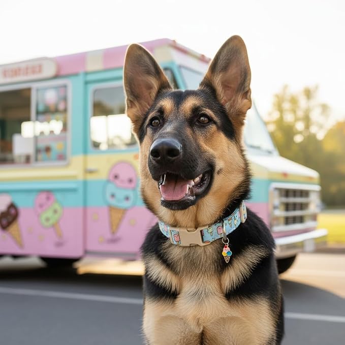 Blue Dog Collar for Large Dogs, Boy Girl Dog Collar with Ice Cream Pattern for Spring Summer, Breathable Adjustable Large Collars for Male Female Dogs, L