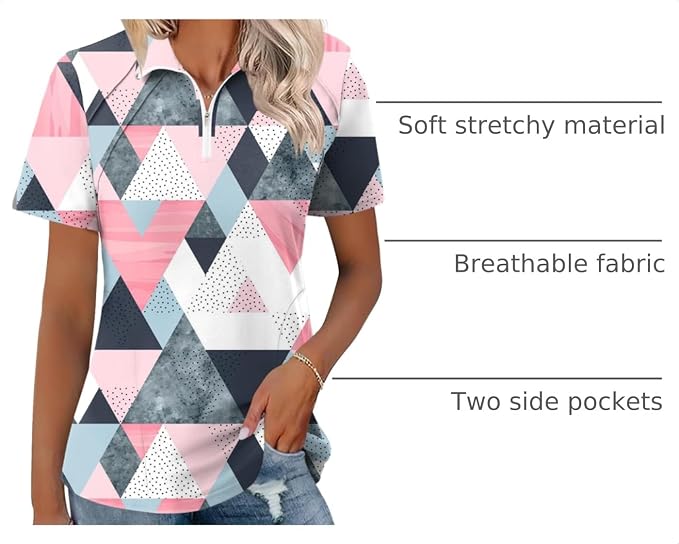 LOMON Womens Golf Polo Shirt Summer Short Sleeve Quarter Zip Outfit | Side-Pockets,Princess Seams,Cotton,Wrinkle Free,Moisture Wicking,Quick-Dry,Lightweight,Collared,for Tennis Workout