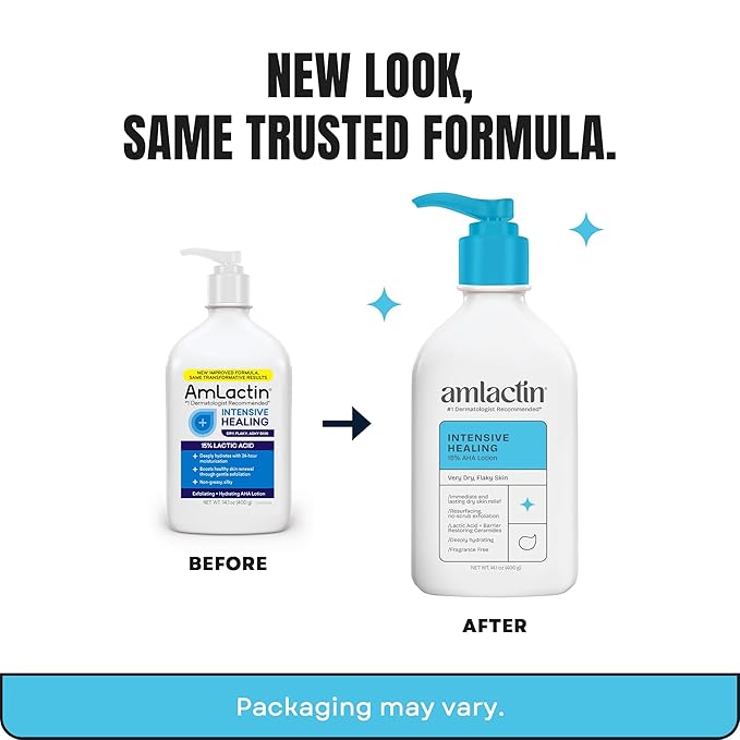 AmLactin Intensive Healing Body Lotion for Dry Skin - 14.1 oz and 7.9 oz Pump Bottles - 2-in-1 Exfoliator & Moisturizer with Ceramides & 15% Lactic Acid
