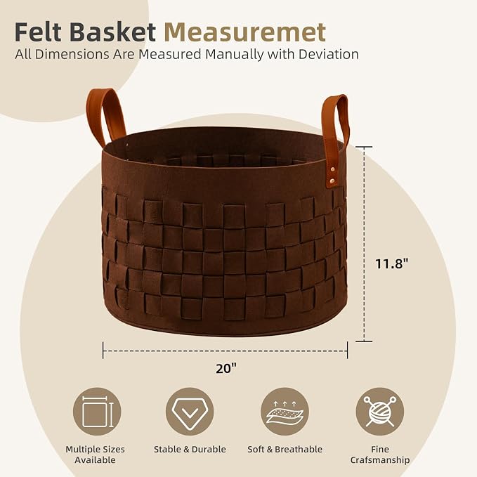 Laundry Basket 20" x20 " x11.8 ", Large Felt Fabric Blanket Basket with Leather Handle, Dirt Clothes Laundry Hamper Round for Babies, Dogs and Living Room-Brown