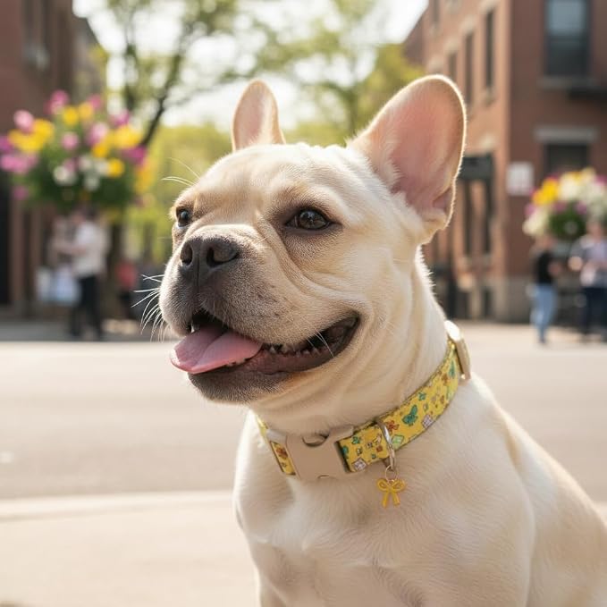 Cute Dog Collar with Yellow Bow Pattern, Girl Dog Collar for Small Dogs, Adjustable Spring/Summer Puppy Collar Made of Soft Fabric and Quick Release Buckle, S