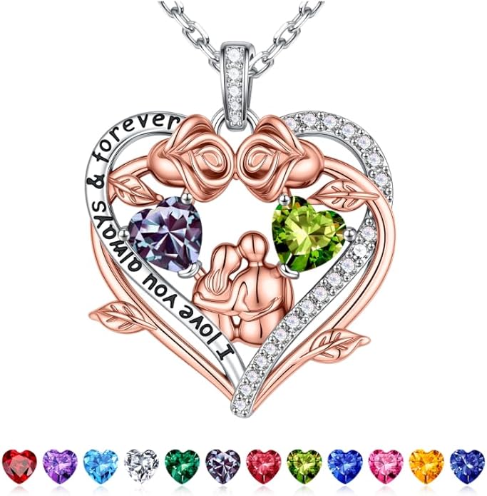 Iefil Valentines Gifts for Her Wife - 925 Sterling Silver Double Heart Birthstone Necklace, Anniversary Birthday Gifts for Women Wife Girlfriend