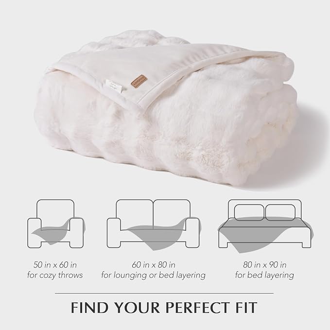 Faux Rabbit Fur Bubble Throw Blanket, 90"x90", Ivory White | Ultra Soft, Luxury Faux Rabbit Fur Throw, Thick Warm Bubble Blanket, Cozy Fluffy Reversible, for Bed, Couch, Chair, Sofa