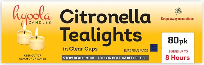 Hyoola Tealight Citronella Candles Outdoor, 8 Hour Burn Time - Indoor and Outdoor Mosquito, Insect and Bug Repellent Citronella Candle, Natural Fresh Scent, Decorative in Clear Cup (Pack of 80)