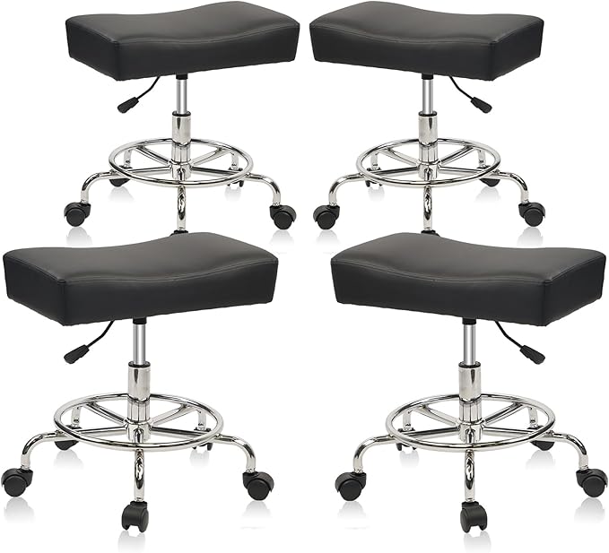 Heavy Duty, Extra Wide Rolling Stool PU Leather Thickened Seat Cushion with Foot Rest Adjustable Height Swivel with Wheels for Spa Salon Tattoo Work Massage Barstool, Black, 4 Pack