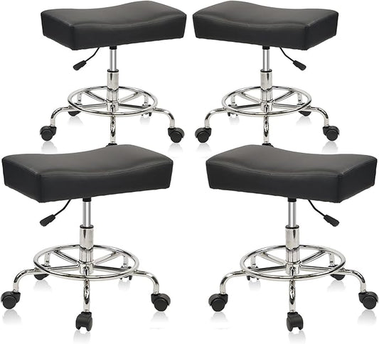 Heavy Duty, Extra Wide Rolling Stool PU Leather Thickened Seat Cushion with Foot Rest Adjustable Height Swivel with Wheels for Spa Salon Tattoo Work Massage Barstool, Black, 4 Pack