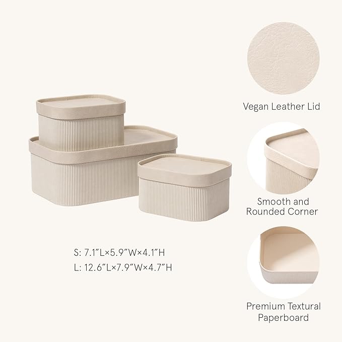 LA JOLIE MUSE Decorative Storage Boxes with Lids Faux Leather, Grey 3 Pack | Vegan Leather Lids, Fluted Cardboard Storage Basket, Organizer for Jewelry, Shelves, Bedroom & Closet Storage Memory Box