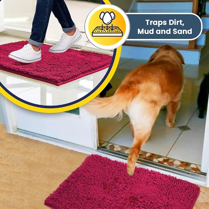 Muddy Mat® | Super Water Absorbent Door Mat Indoor, Microfiber Quick Dry Chenille Entryway Rug, Slip Resistant Front Door Mat, Indoor Mats for Entryway, Machine Washable Pet Rug, Hot Pink 36" x 120"