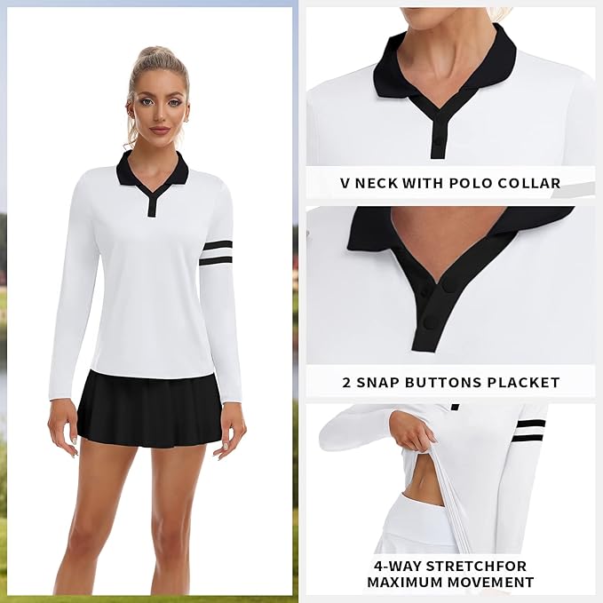 Soneven Womens Golf Shirts Moisture Wicking V Neck Long Sleeve Polo Shirts Collared Tops