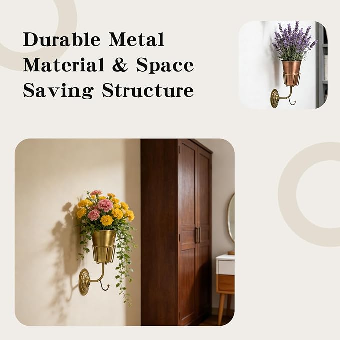 Gold Wall Planter, Wall Vase – 9.84×6.30×4.92 Inches Metal Gold Wall Planter Wall Vase – Hanging Wall-Mounted Flower Pot for Indoor Outdoor Home Decor Living Room Balcony