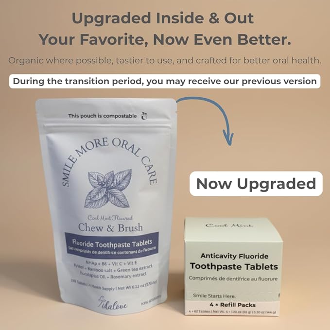 TIDALOVE Fluoride Toothpaste Tablets with Nano Hydroxyapatite - Vegan, Enamel Strengthening, Zero Waste, Paper Refill, 248 Tablets, Cool Mint, 4 Month Supply, Travel-Friendly