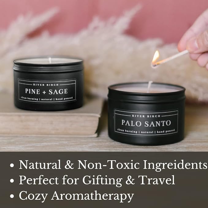 River Birch Candles Pine + Sage Scented Candle | Premium, All-Natural, Non-Toxic, Soy Candles | 8 oz. Black Matte Tin Travel Candle | Cozy Relaxing Gifts for Home