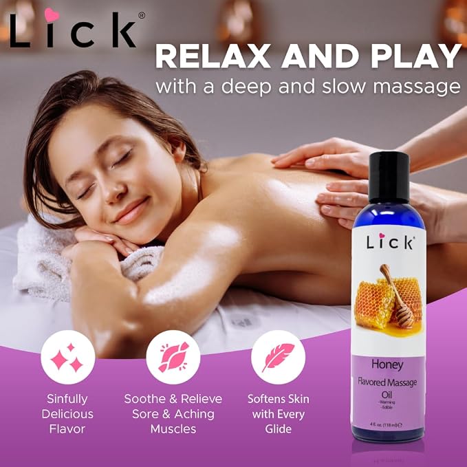 Lick Honey Flavored Massage Oil – Warm Sweet Edible Massage Oil with Sweet Almond Oil & Vitamin E, Smooth Body-Safe Glide for Couples Massage & Relaxation, 4 oz