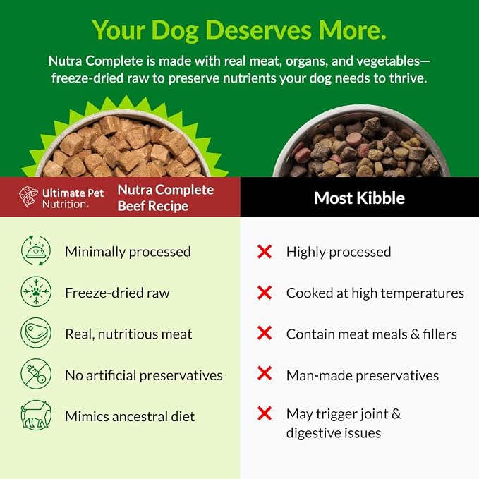 ULTIMATE PET NUTRITION Nutra Complete Freeze-Dried Dog Food, Beef 1lb x4 | Vet-formulated dog food with antioxidants, prebiotics & amino acids, full meal or topper for adult canines, all breeds/sizes
