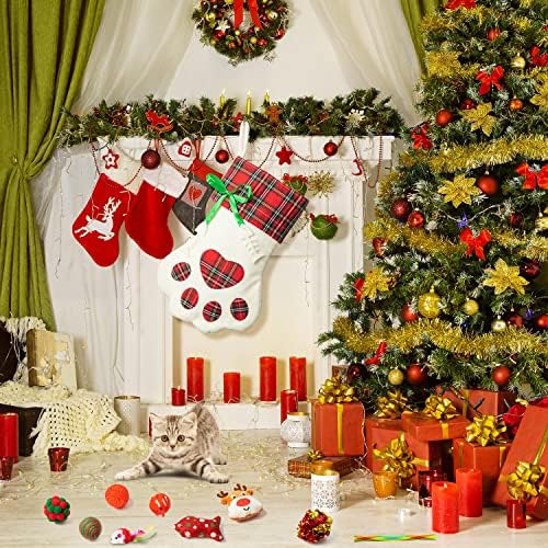 MALLMALL6 11Pcs Christmas Cat Stocking Toys Interactive Cat Toys Pack Including Feather Teaser Wand Catnip Mouse Crinkle Bells Ball Spring Toys for Indoor Cats, Christmas Hanging Stocking for Pet Cats