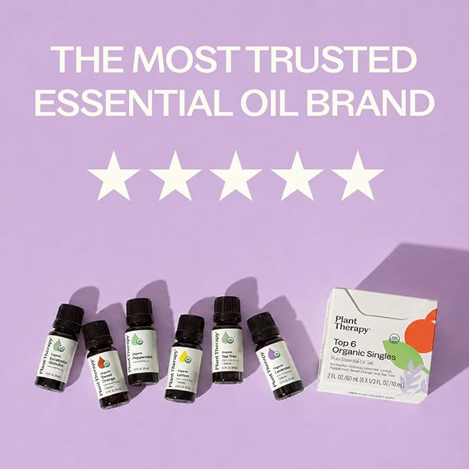 Plant Therapy Top 6 USDA Organic Essential Oil Set - Lavender, Peppermint, Eucalyptus, Lemon, Tea Tree 100% Pure, Natural Aromatherapy, for Diffusion & Topical Use, Therapeutic Grade 10 mL (1/3 oz)
