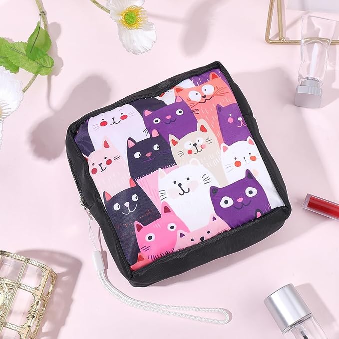 Cat Period Bag Sanitary Napkin Storage Bag Cute Cats Print Sanitary Pad Pouch Portable Waterproof Feminine Product Travel Storage Organizer First Period Gifts for Women Ladies Daily Use