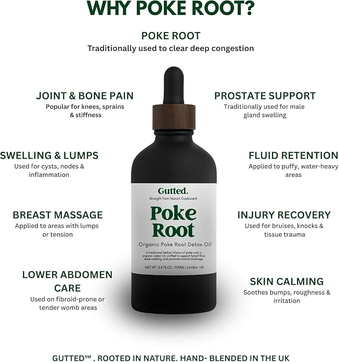 Organic Poke Root & Castor Oil Drops | Herbal Lymphatic for Swollen Lymph Nodes, Joint Support, Circulation & Fluid Balance | Natural Deep Tissue Relief | 100ml (3.38 fl oz)