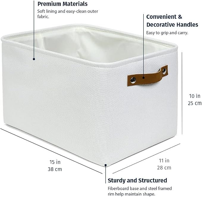 OrganiHaus 15x11in Canvas Storage Baskets 3 Pack - Fabric Bins for Shelves | Vegan leather handles; a decorative closet organizer for clothes, shoes, or toys; bedroom container
