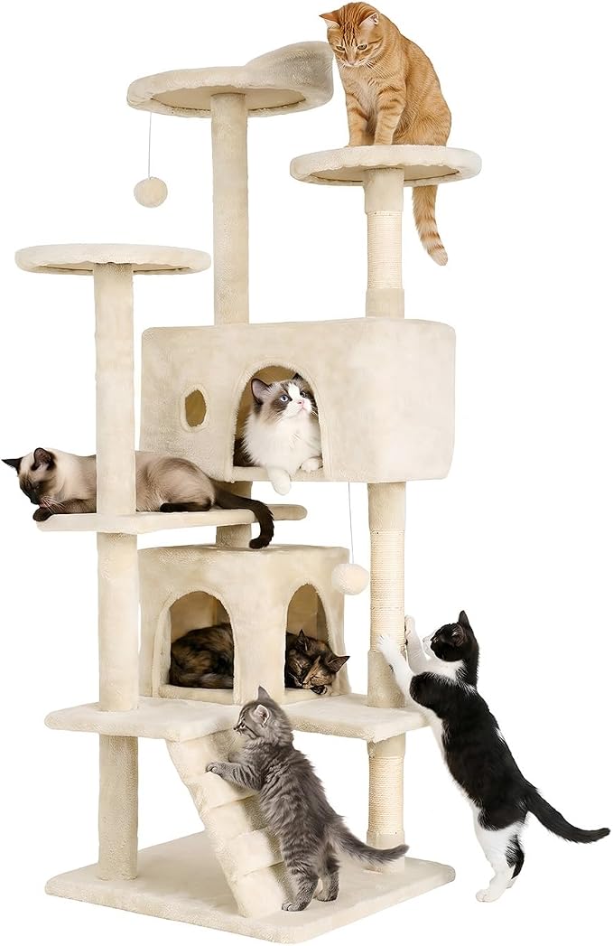 FDW | 54" Cat Tree Tower | Beige | Multi-Level Indoor Activity Center | with Sisal Scratching Posts, Condos, Plush Perches, Hanging Cat Toys | Sturdy, Easy to Assemble | for Kittens & Adult Cats