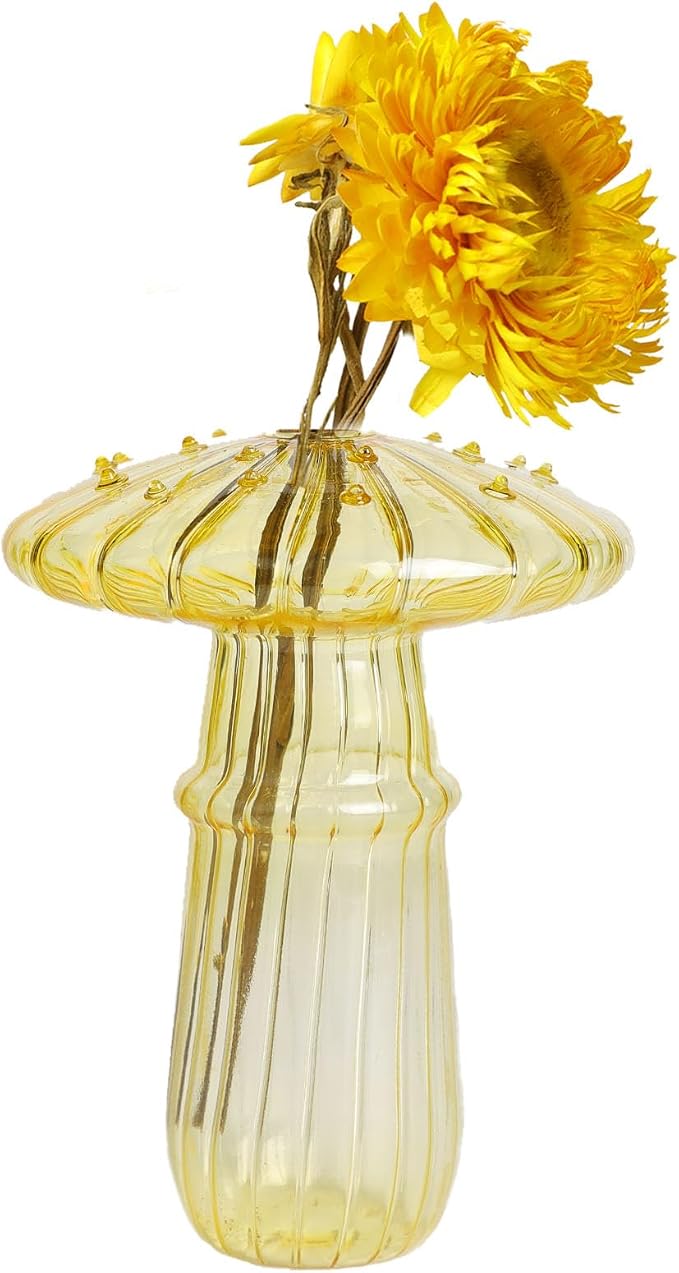 Mushroom Shaped Glass Vase, Planters Clear Hydroponic Vase, Flowers Plants for Decorative Centerpiece,Table Decor,Home Wedding Party (Yellow)